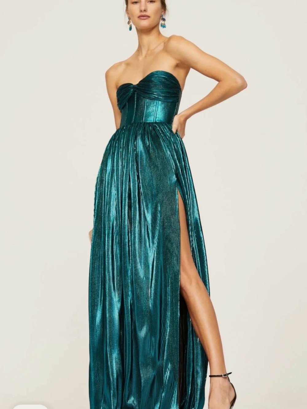Bronx and Banco Florence Emerald Green Metallic Maxi Gown with Side Slit Size Sm - Picture 2 of 6